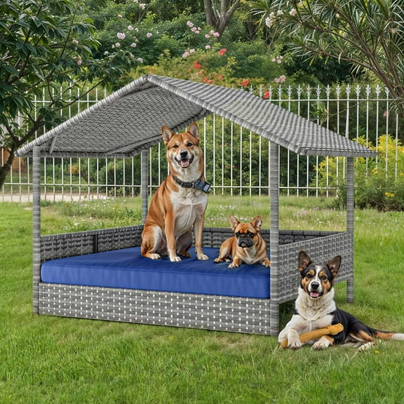 Uforic Large Dog House Indoor Outdoor, Wicker Dog House with Waterproof Roof and Washable Cushion Blue,32.9"L x 27.6" W x 28.3" H