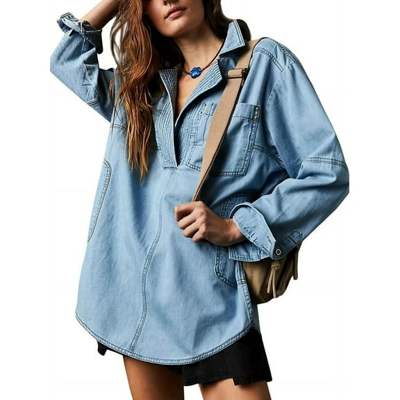 Women'S Denim Pullover Casual Button V Neck Blouse Loose Fit Long Sleeve Jean Jacket with Pocket Blue XXL