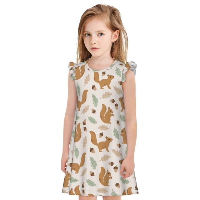 Balery Squirrel And Leaves Camisón de princesa para niñas, pijama de algodón con mangas abullonadas, suave y bonito.-Large