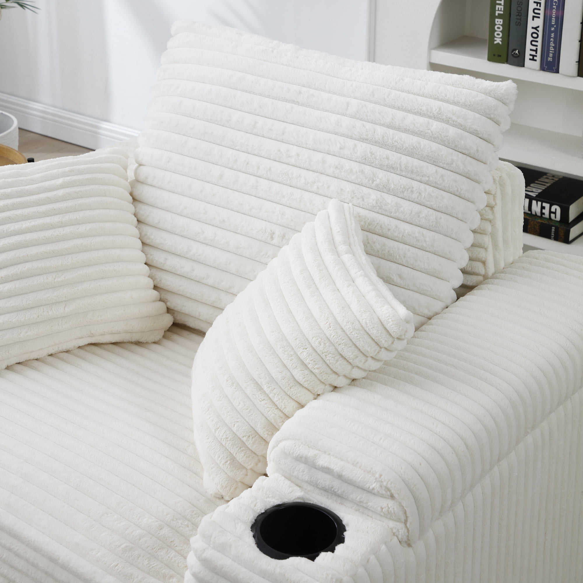 Aukfa Oversized Chaise Lounge Indoor Chair with 2 Cupholders, Storage Ottoman, 3 Pillows, Beige