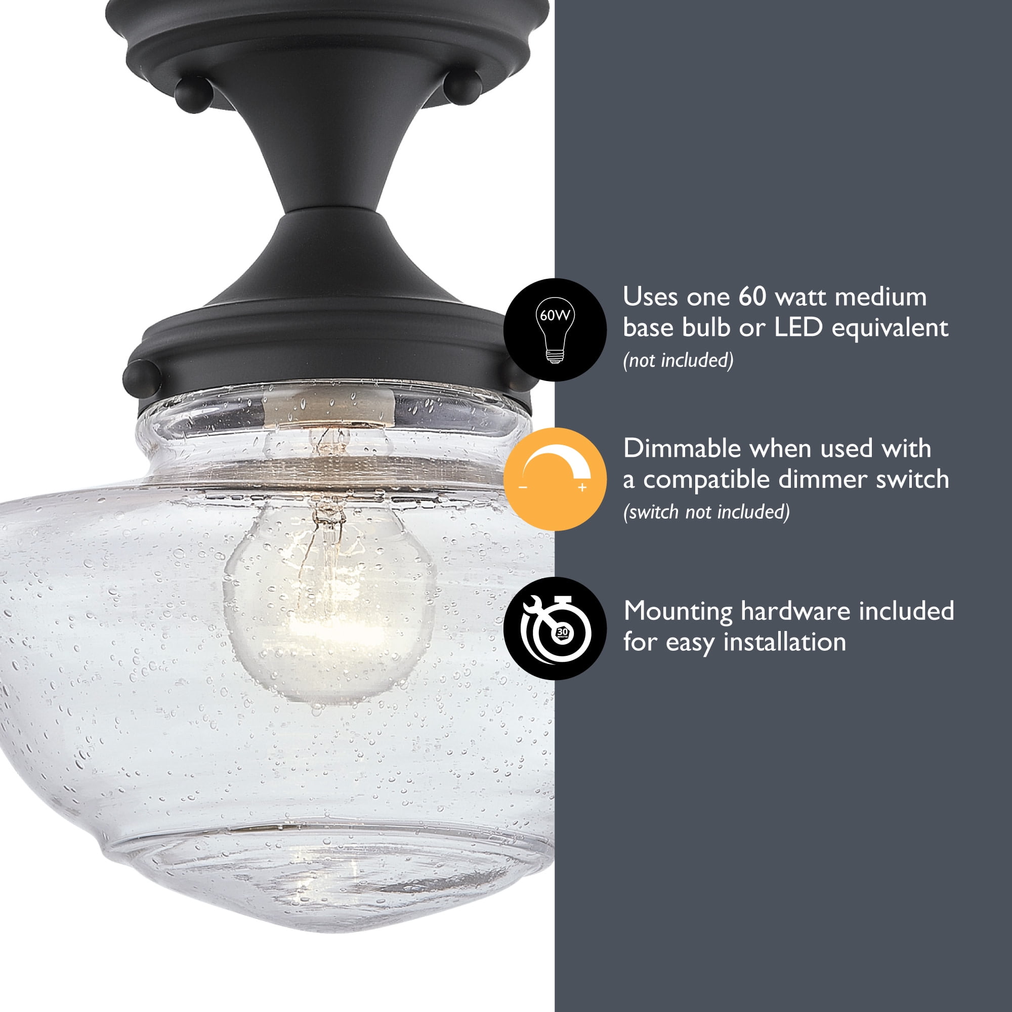 Design House Schoolhouse Semi Flush Mount Dimmable Ceiling Light, Black