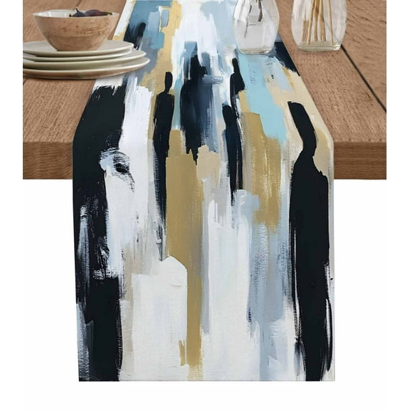 ERUNPONLY Abstract Black Gold Table Runner - 36 Inch Long Modern Oil Painting Art Cotton and Linen Blended Dress Scarves Farmhouse Table Runner for Kitchen Dining, Coffee Table, 13"x36"