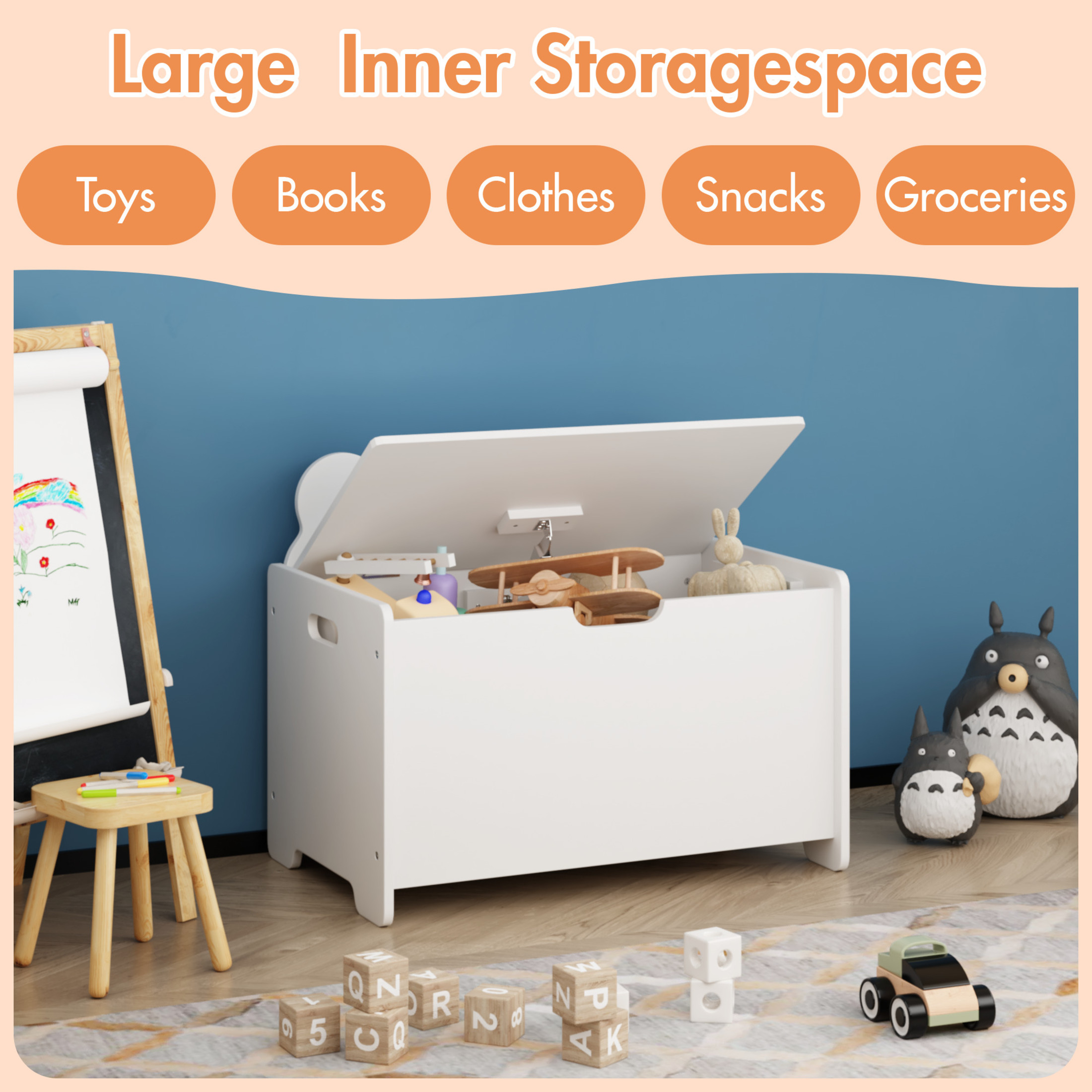 Noble House Kids Wooden Toy Box with Bear Backboard, Safety Hinged Lid Storage Chest and Organizer for Nursery, White