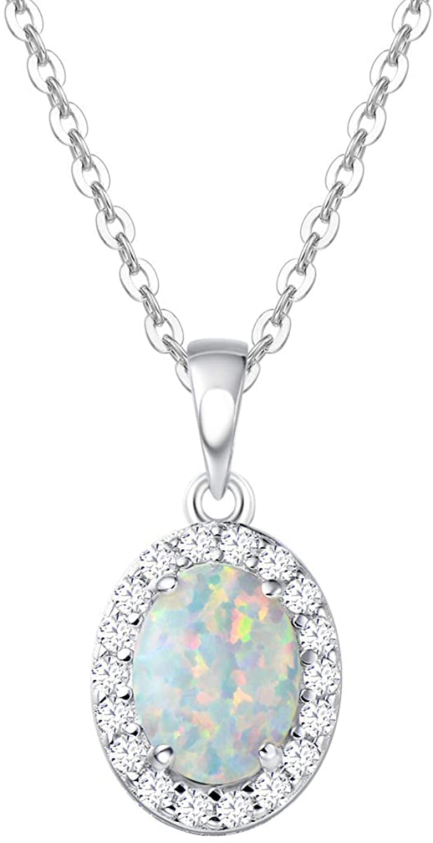 Halo Pendant Oval Created Opal Round Cubic Zirconia 925 Sterling Silver Choose Color 