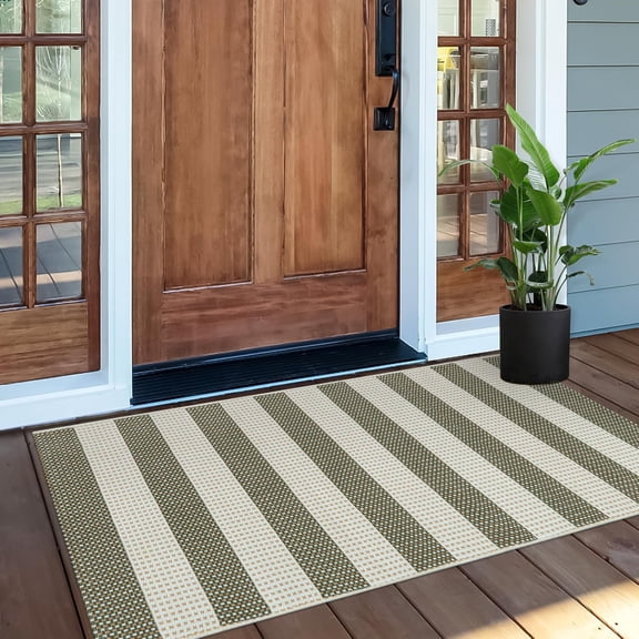 Striped Rug 24"x51" Washable Front Door Mat Outdoor Doormat Woven Entry Rug Cotton Indoor Outdoor Rug Small Checkered Rugs for Porch Kitchen Entryway Patio Bathroom (Green/White/Tan)