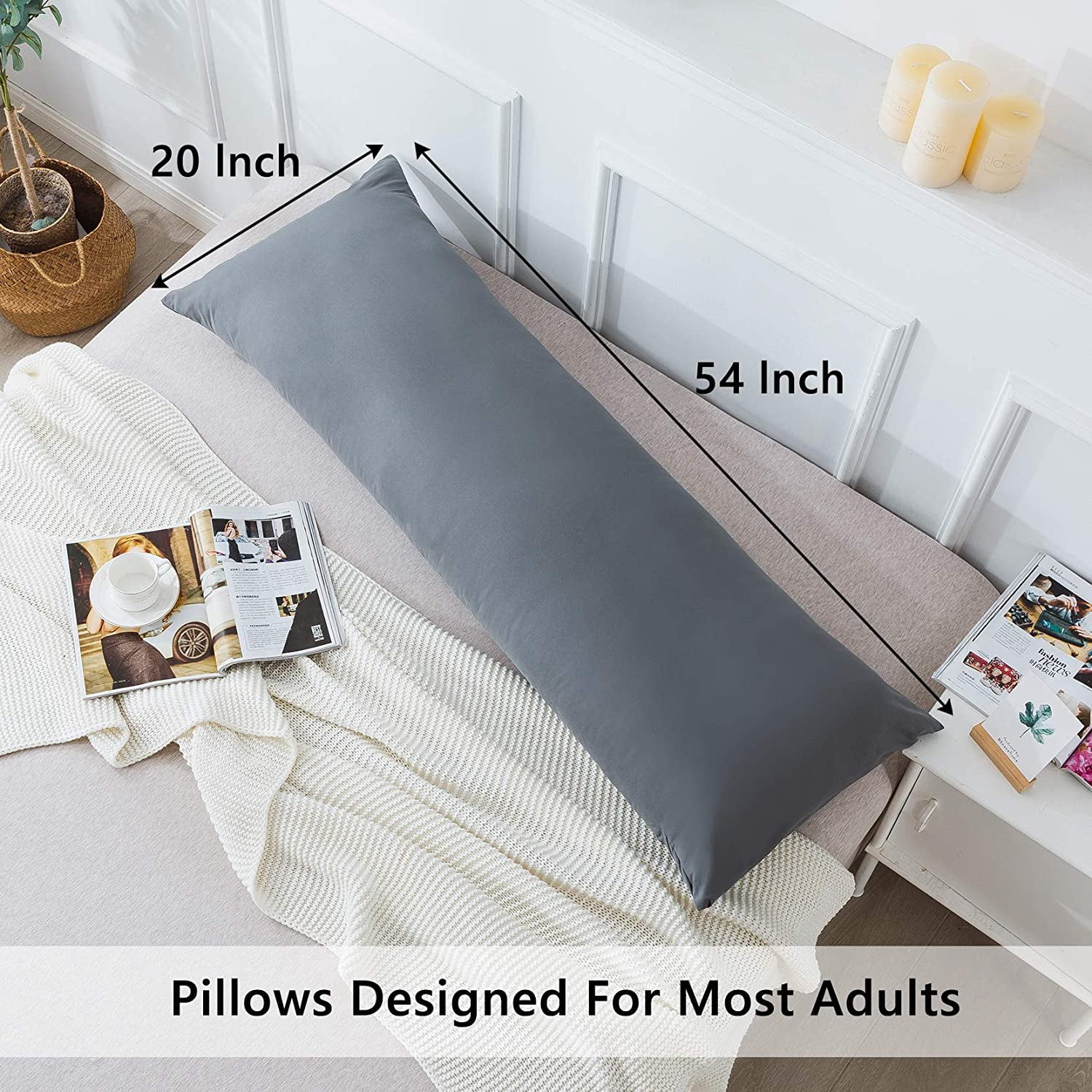 Body Pillow with Pillowcase - Soft Long Bed for Adults Breathable Full Insert Sleeping, 20x54inches, Grey