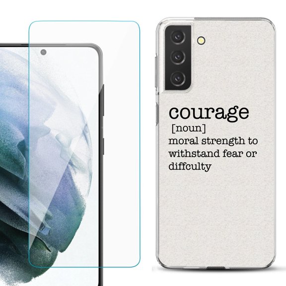 Slim-Fit TPU Fashion Phone Case for Samsung Galaxy S21 FE 5G Fan Edition, with Tempered Glass Screen Protector, by OneToughShield ® - Dictionary/Courage