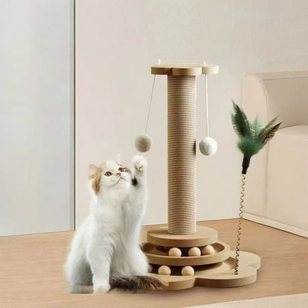 Aespoir Cat Scratching Post, Wooden Cat Scratcher Toy With 2 Level Cat Track Balls, Interactive Feather Toy and 2 Sisal Hanging Balls for Indoor Kittens, Adult Cats