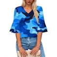 thumbnail image 7 of DeHolifer T-Shirts for Women V-Neck Camouflage Printed Ruffle Short Sleeve Summer Trendy Beach Lightweight Casual Tops Sky Blue XL, 7 of 7