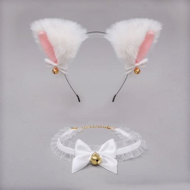 ZHAOCHENG Orejas de gato blancas Juego de 2 piezas (aro para el pelo + collar)