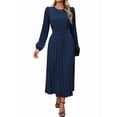 thumbnail image 3 of Women'S Midi Dress Long Puff Sleeve Wrap Crew Neck Flowy Ruffle Pleated Casual Fall Dresses Dark Blue S, 3 of 9