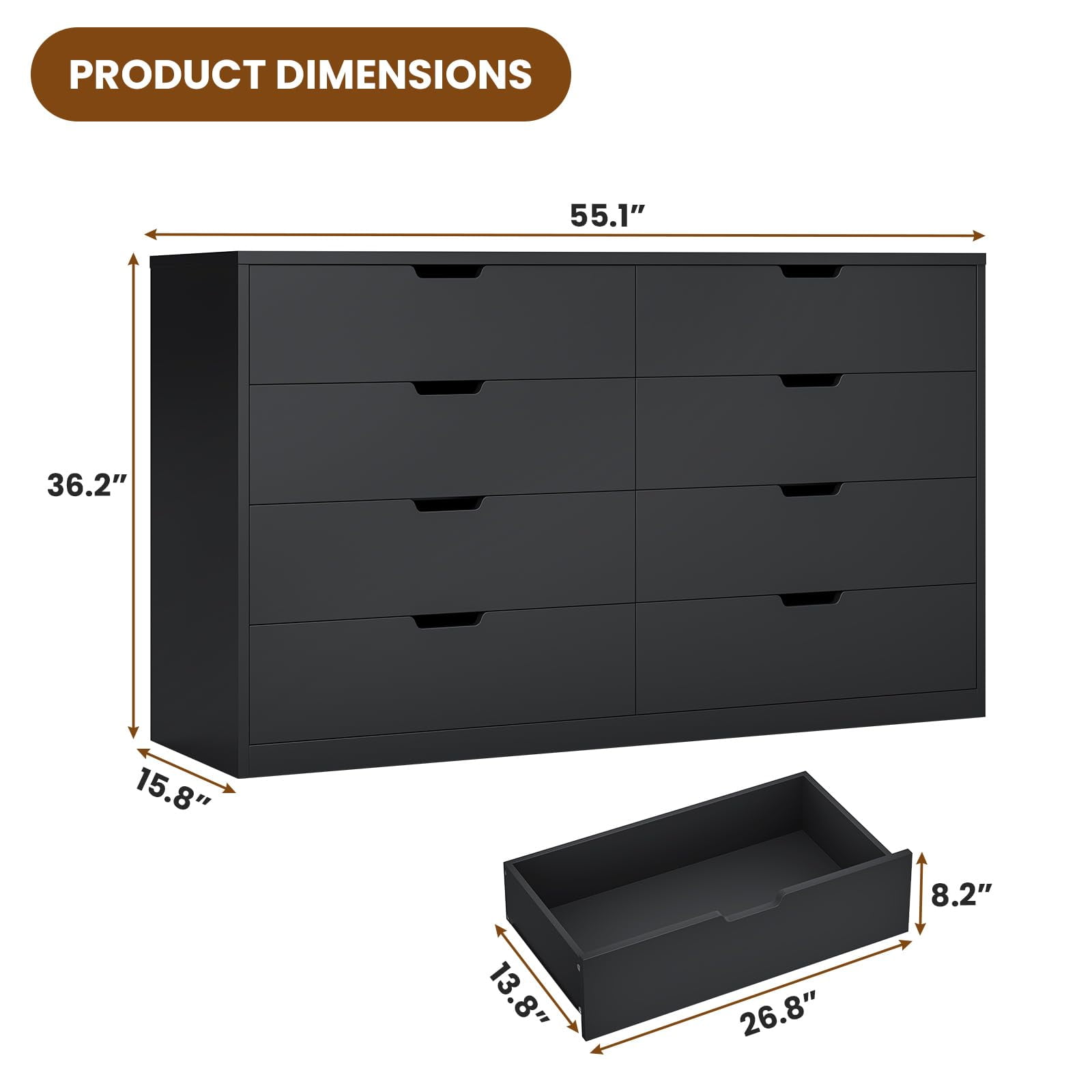 Afuhokles Wood Dresser 8 Drawer Double Tier Dresser, Modern Wood Chest of Drawer for Living Room, Bedroom, Black