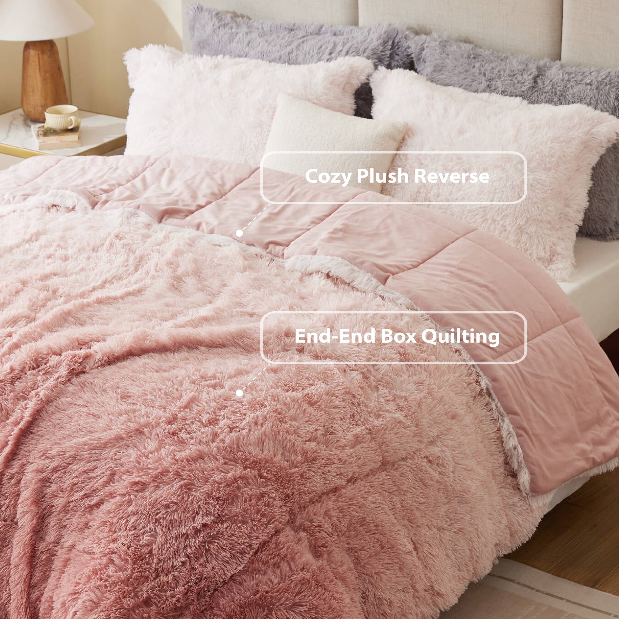Intelligent Design King/Cal King Shaggy Faux Comforter Set, Long Fur Wave Spring Comforter Bedding Set, 3-Piece Striped Ombre Design Warm Bed Set, Blush