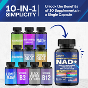 NAD+ Supplement Extra Strength with Vitamin B3, B12, Magnesium, Niacinamide, Liposomal NAD, Lion’s Mane, Ashwagandha, Turmeric, Black Pepper Extract, Made in USA - 10-in-1 60 Veggie Capsules