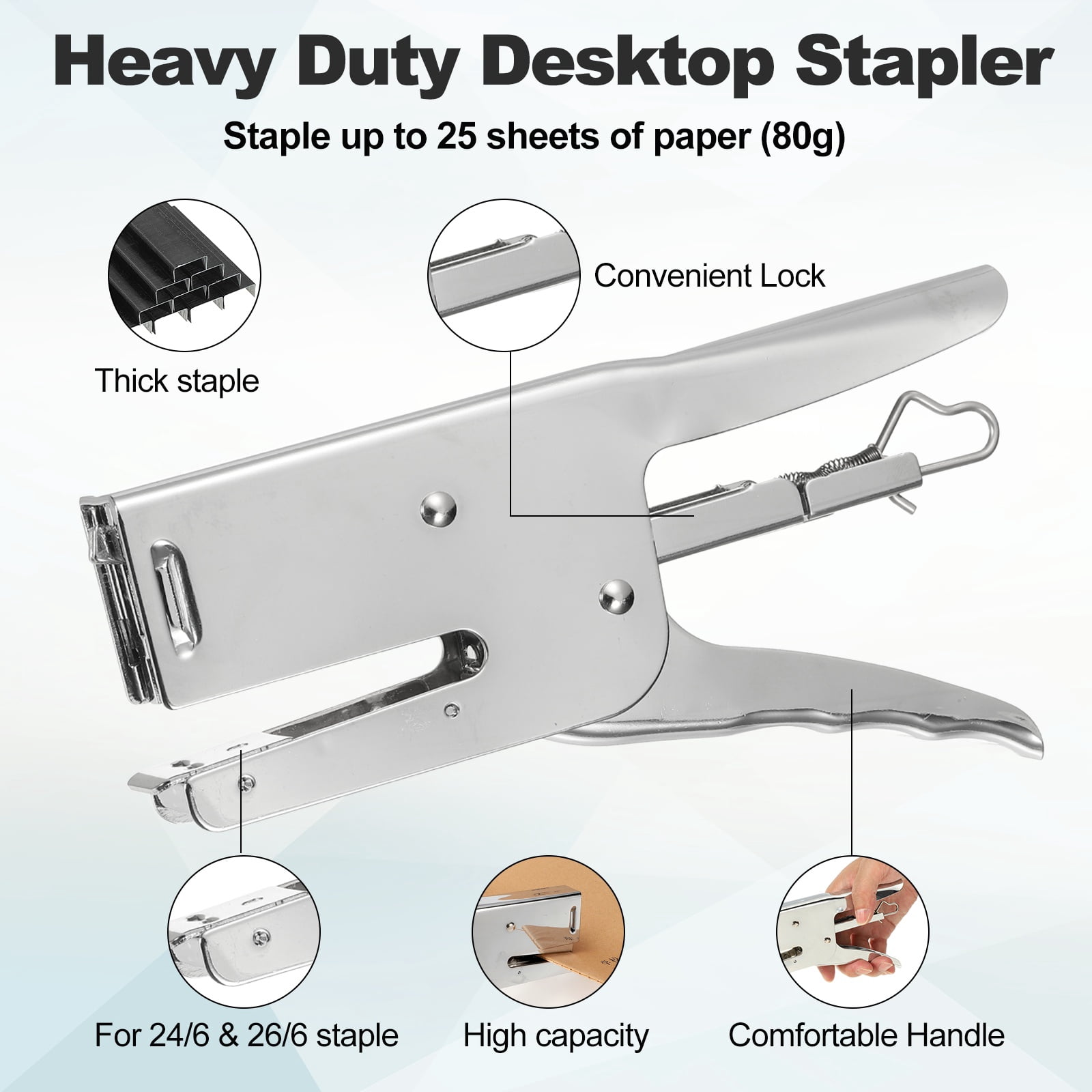 Desktop Stapler Heavy Duty, 1 Set Handheld Plier Stapler No Jam with Staples Remover and 2000 Black & Rose Gold 26/6 Staples Set for Office Supplies Workplace Paperwork Cardboard, Silver