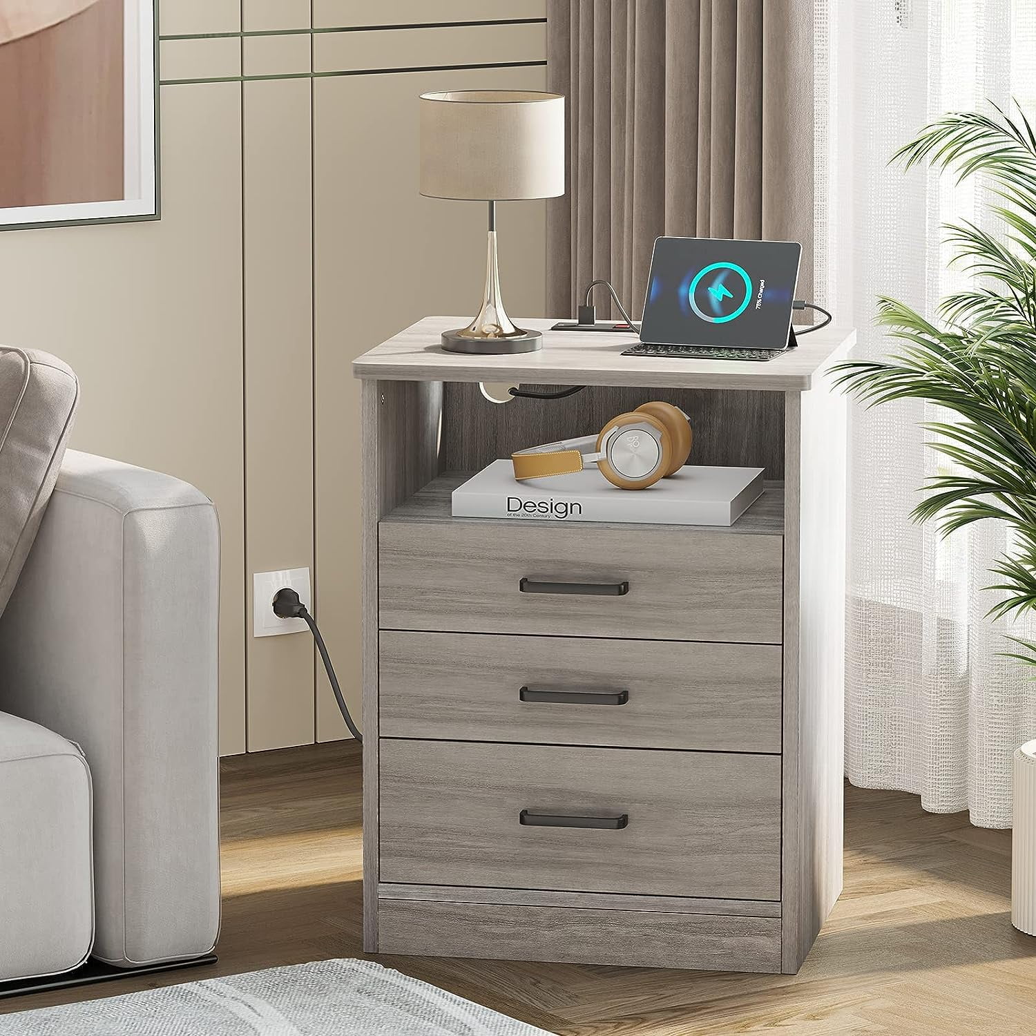 ADORNEVE Nightstand Set of 2 with Charging Station and 3 Storage Drawers, Bedside  Table for Bedroom, Living Room, Grey 