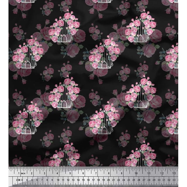 Soimoi Black Poly Georgette Fabric Cage & Roses Floral Printed Fabric 1 Yard 52 Inch Wide