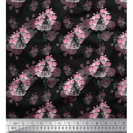 Soimoi Black Cotton Poplin Fabric Cage & Roses Floral Printed Craft Fabric by the Yard 42 Inch Wide