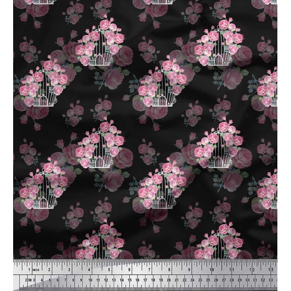 Soimoi Black Cotton Duck Fabric Cage & Roses Floral Printed Craft Fabric by the Yard 42 Inch Wide
