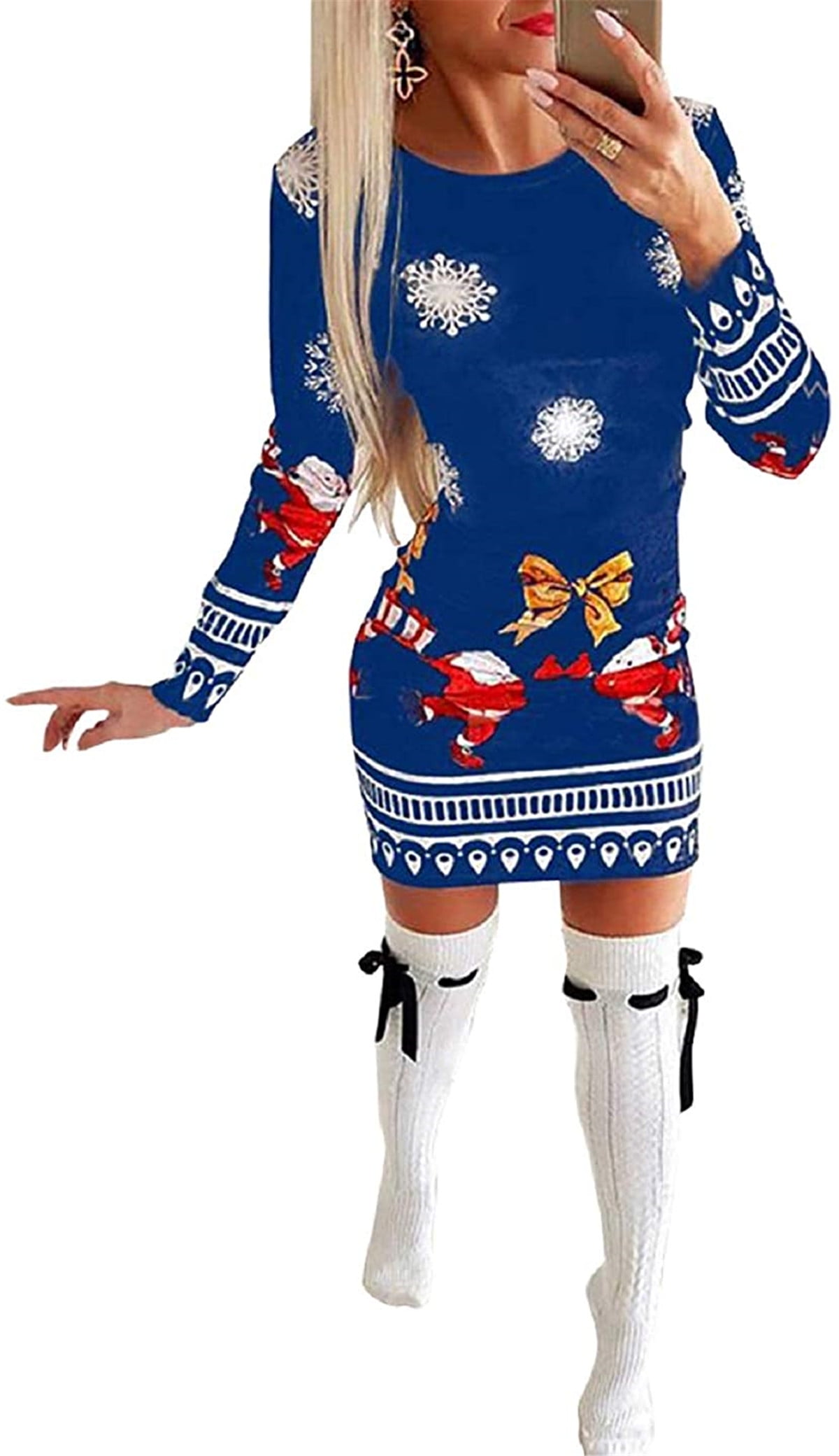 Kiapeise Kiapeise Women Ugly Christmas Sweater Dress Themed Print Long ...