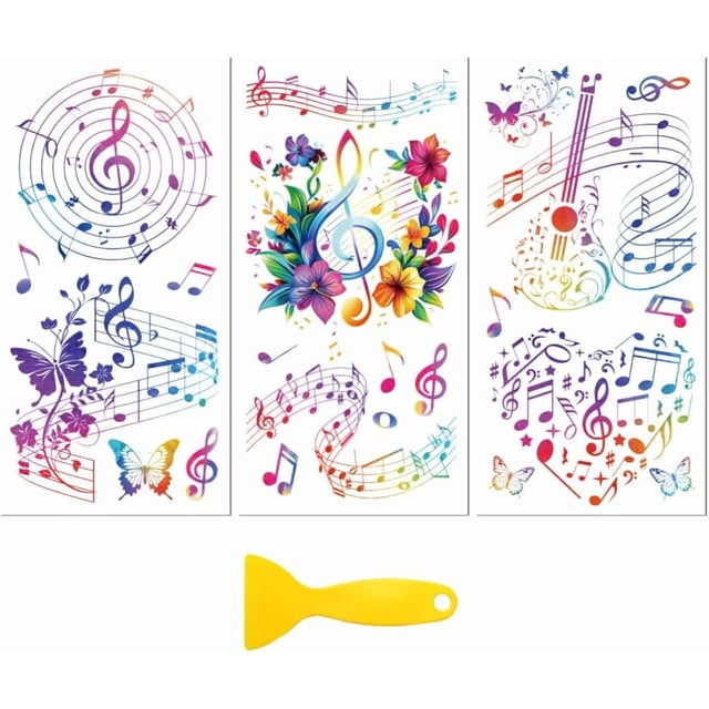 Calcomanía de transferencia para frotar sobre muebles, decoración artesanal, 6" x 12", notas musicales coloridas, 3 piezas, resistente al agua, UV, DTF, transferencia