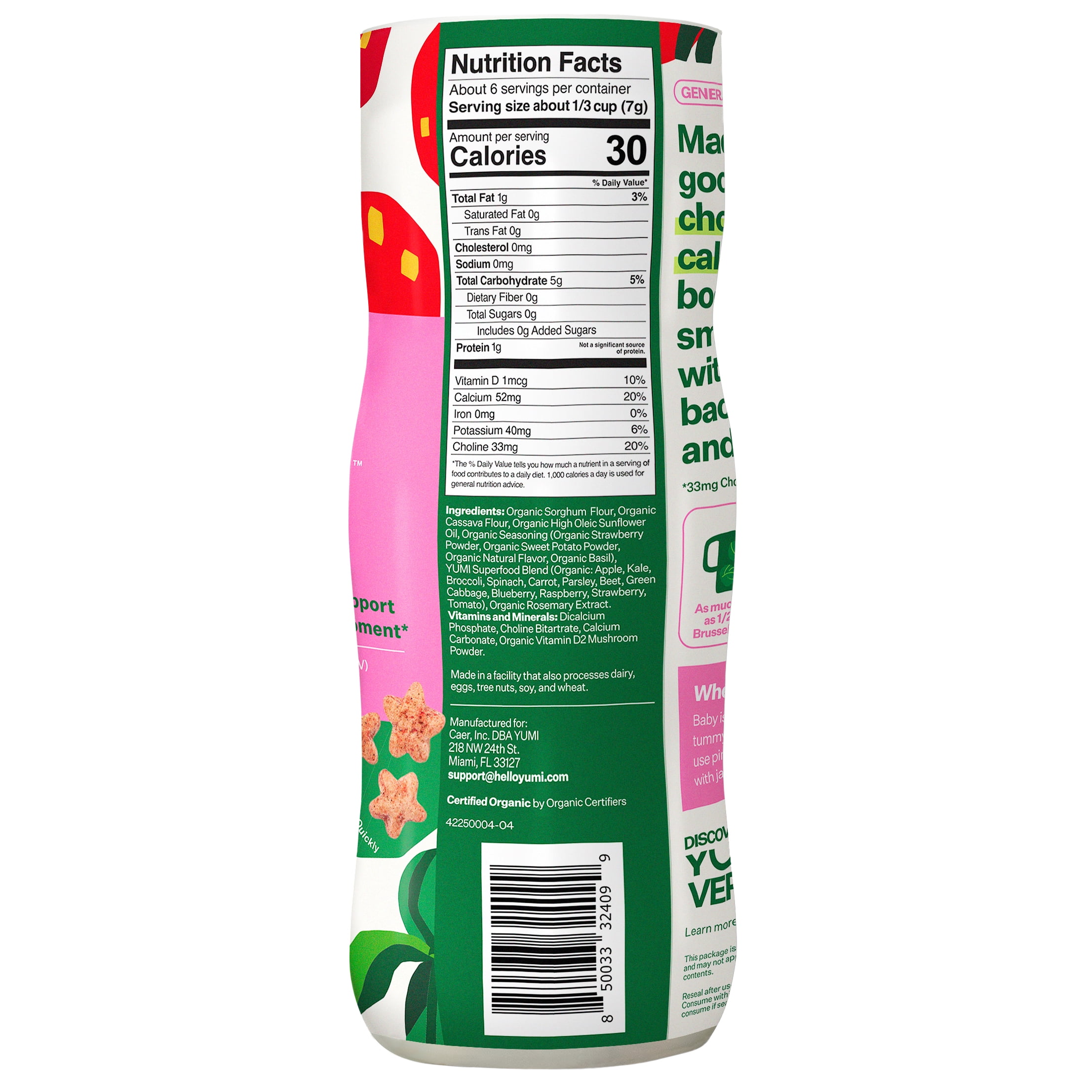 (6 pack) YUMI Organic Stage 3 Strawberry & Basil Puffs, 1.5 oz/cannister