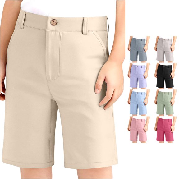 WDDDD Boys Girls Adjustable Waist Stretch Flat Front School Shorts Khaki 9-10 Years