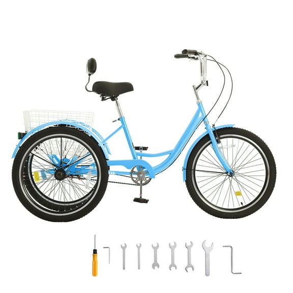 KFFKFF Mature Trike, 24 Inch Triple-Wheeled Cycle, 3 Wheel Pedal Vehicles, Carbon Steel Leisure Bicycle with Basket & Adjustable Saddle, Grocery Shopping Trikes for Elderly, Ladies, Gentlemen (Blue)
