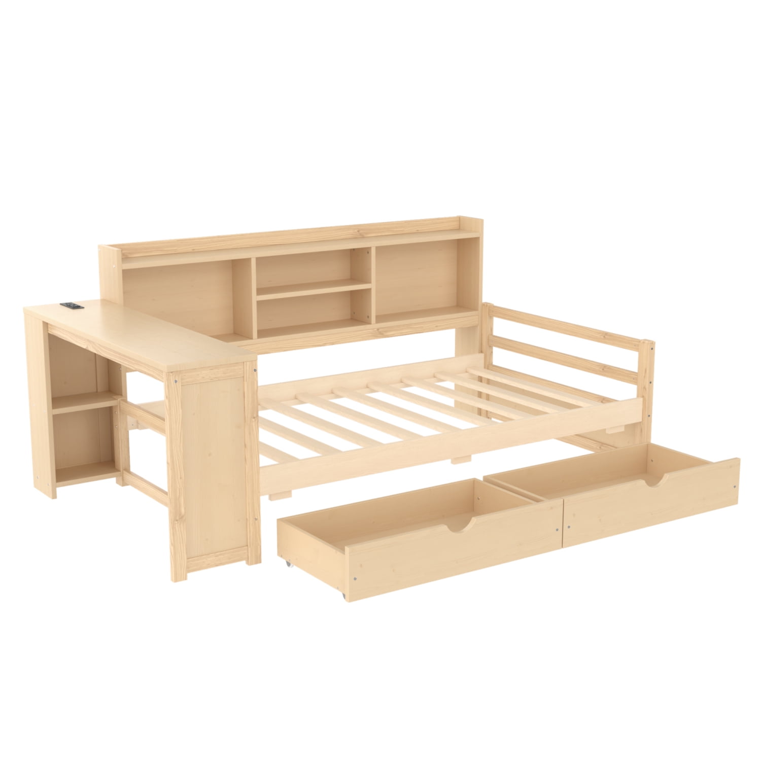 Leumius Twin Size Corner Bed with Desk and Storage Bookcase,Modern Daybed with 2 Drawers,Twin Size Wood Bed Frame with Charging Station,Natural