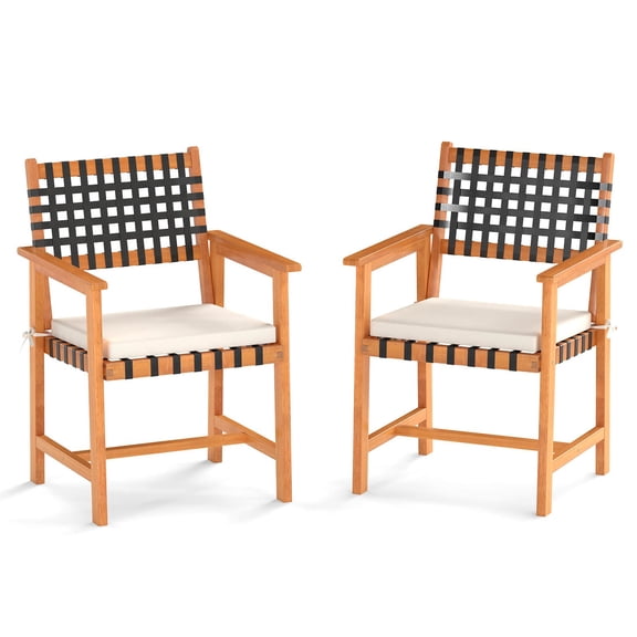 MYZBBD Acacia Wood Patio Chair Set of 2, Outdoor Wooden Dining Chairs w/Padded Seat Cushions, Washable Covers, Armrests, Curved Back, Armchairs