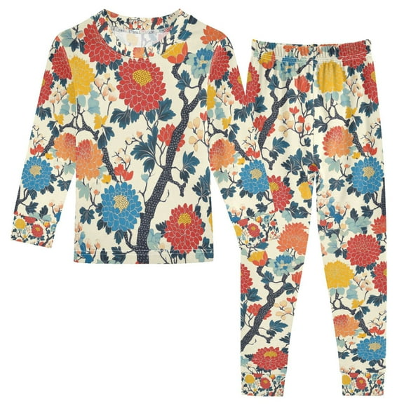 FORMRS Long Sleeve Top and Pants Pajama Set for Niños 2-Piece Sleepwear, Sizes 18M-8Y, Vibrant Japanese Flowers