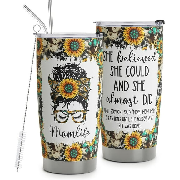 Mom Life Tumbler 20oz - Leopard Sunflower Travel Mug - Funny Mothers Day Birthday Gift for Wife Women - Stainless Steel Insulated Cup