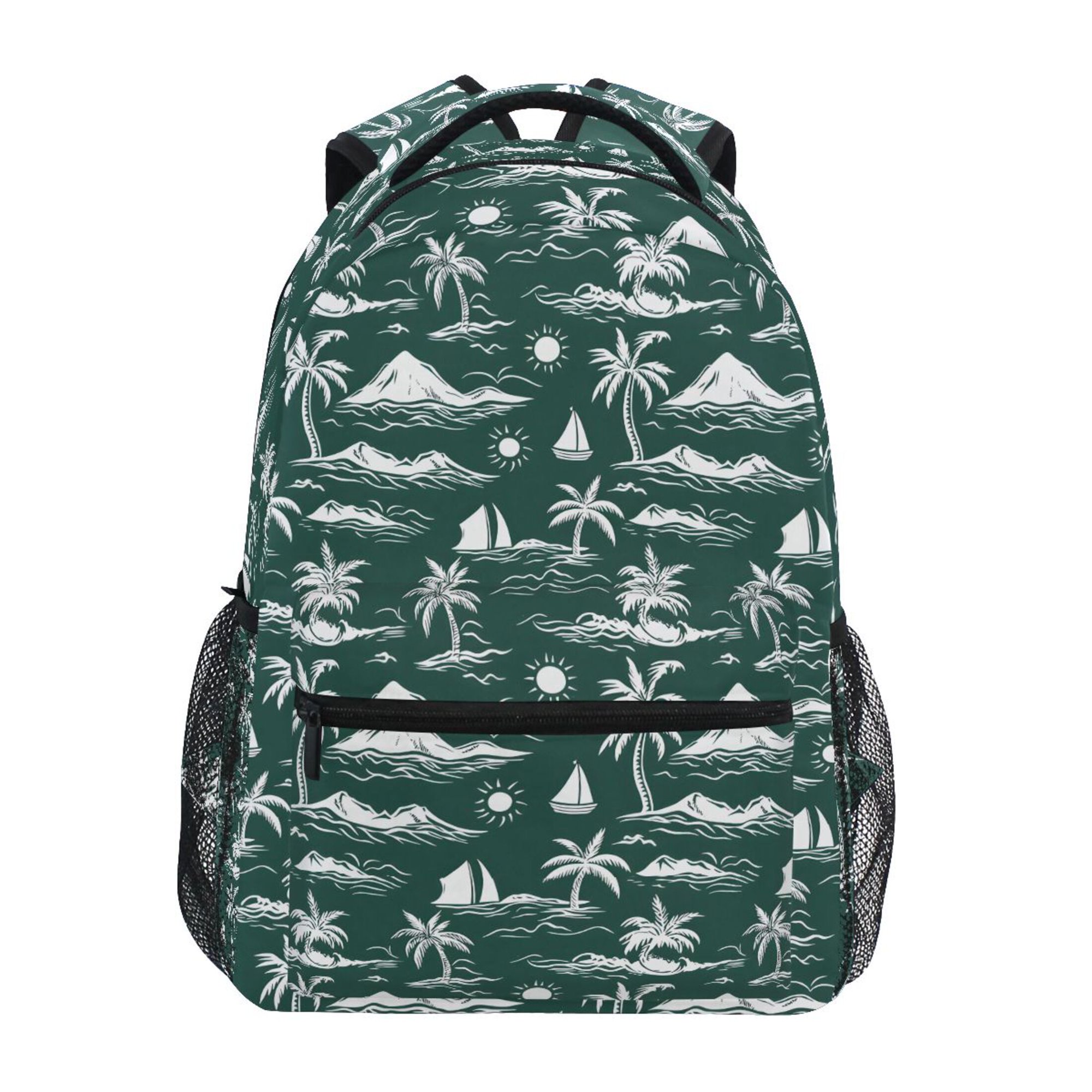 ALAZA Stylish Backpack Green Palm Tree Sailboat Sun Pattern Elementary Bookbag Personalized Laptop School Bags Travel Daypack