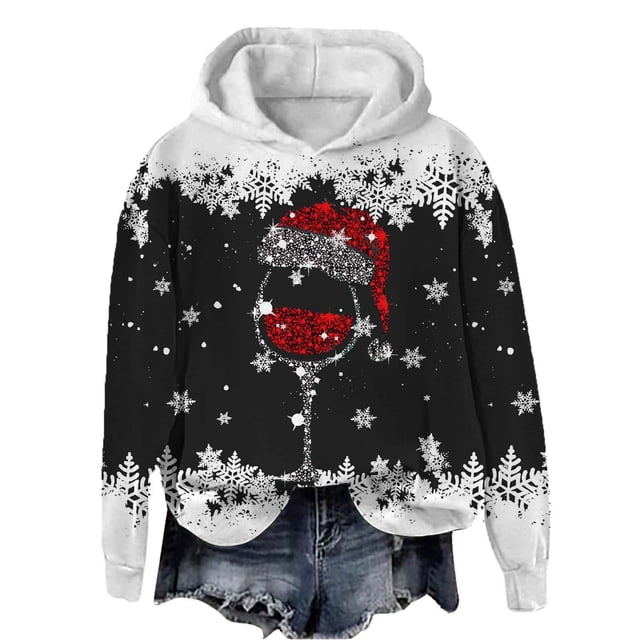 EHQJNJ Hoodie pour Femmes 2024 Sweat à Capuche Automne et Hiver Imprimé Verre Rouge Col Rond Manches Longues Décontracté Sport (2) Sweat à Capuche Mignon pour Femmes Sweat Graphique Femmes Mignon
