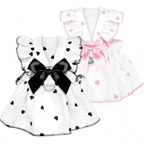 GASTROPOD Dog Dresses for Small Dogs Girl Female Dog Cat Clothes Dress Cute Cotton Extra Summer Clothes Bow Decor Printed Love Birthday Outfit Puppy Clothes (Light Pink & Black,X-Small)