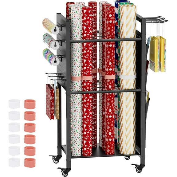 Wrapping Paper Organizer Storage with Wheels, Gift Wrap Storage Station with Ribbon and Gift Bag Storage, Rolling Craft Storage Cart with 12PCS Slap Bands, Christmas Decor, Black