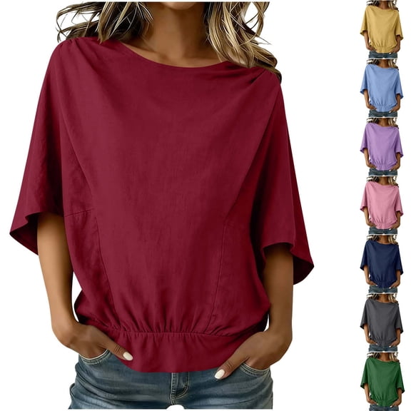 Miluxas Women's Linen Blend Batwing Sleeve Blouse - Boat Neck Solid Casual Tunic Top Summer Lightweight Comfy Travel Outfits Yellow