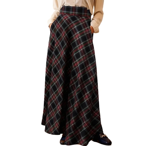 Womens Plaid Maxi Skirt High Waisted Trendy Fall Skirt Casual A-Line Pleated Tartan Full Length Zipper Skirts Ladies