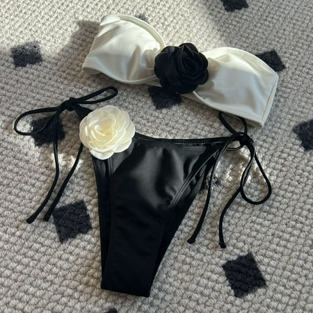 Guiexla 2Pcs/Set Women Sexy Bikini Set Patchwork Color Bandeau Bra Lace-up Briefs Set Rose Flower Decor Swimwear Beachwear