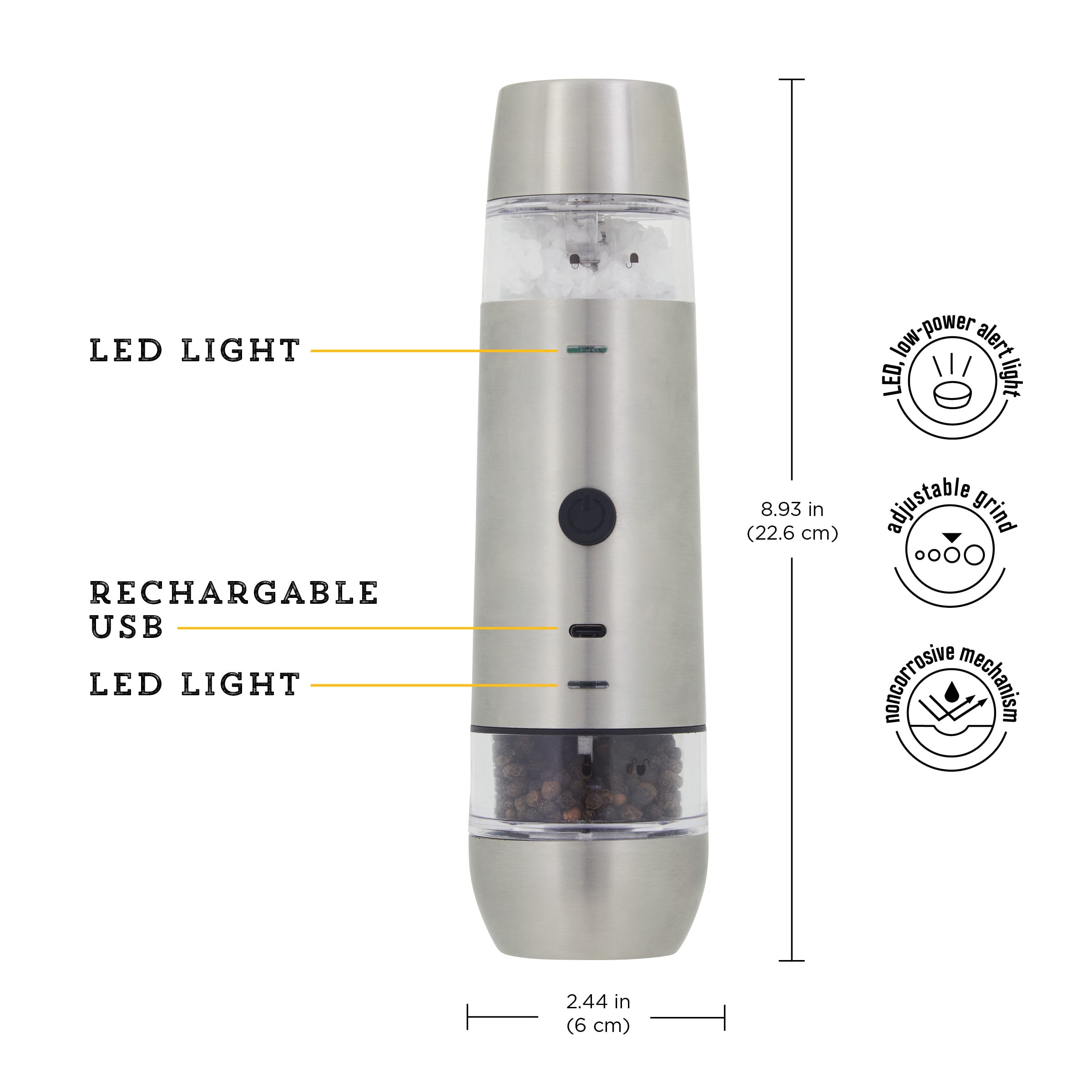 Kamenstein USB Rechargeable Dual Salt & Pepper Grinder Silver