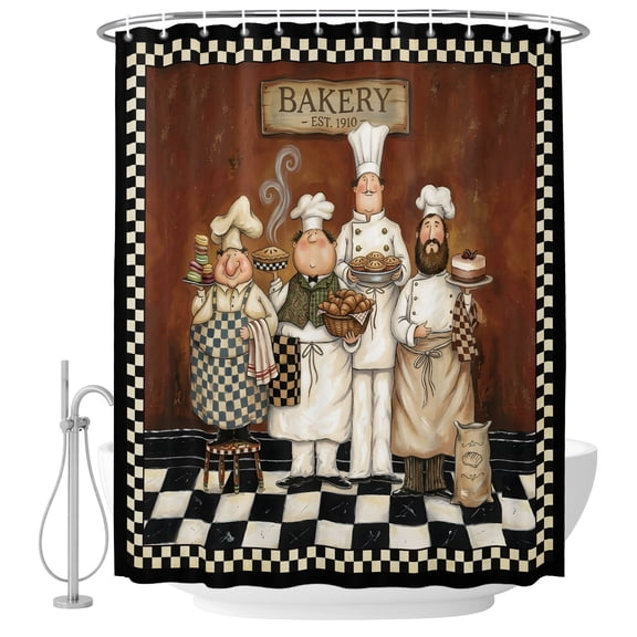 Bakery Chefs Vintage Shower Curtains for Bathroom, Waterproof Fabric Bath Curtains Decor, Bath Tub Curtain Farmhosue Kitchen Black White Plaid Decorative Shower Curtain Sets with 12 Hooks, 72x72 Inch