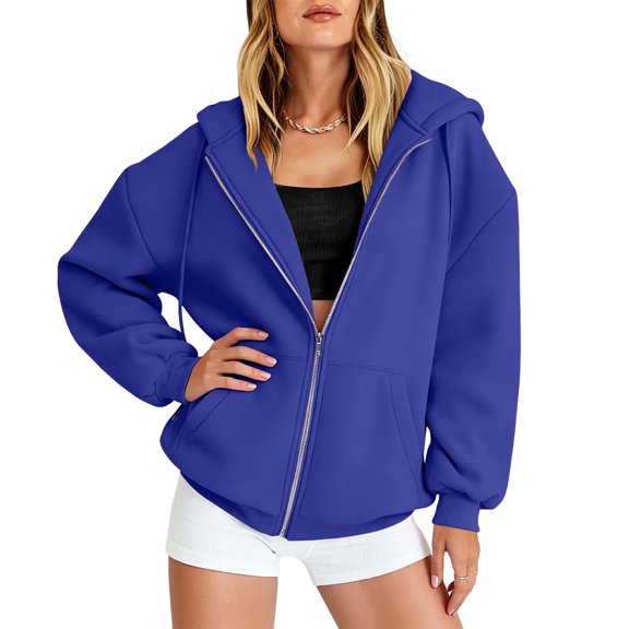 Zip Up Hoodie Women Oversized Y2K Long Sleeve Fall Track Jackets Royal Blue 2XL