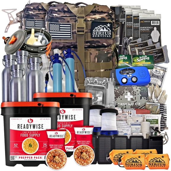 Sirius Survival 72-Hour Emergency Kit, Camo, for 4 People, with Food, Gear, First Aid & Tools
