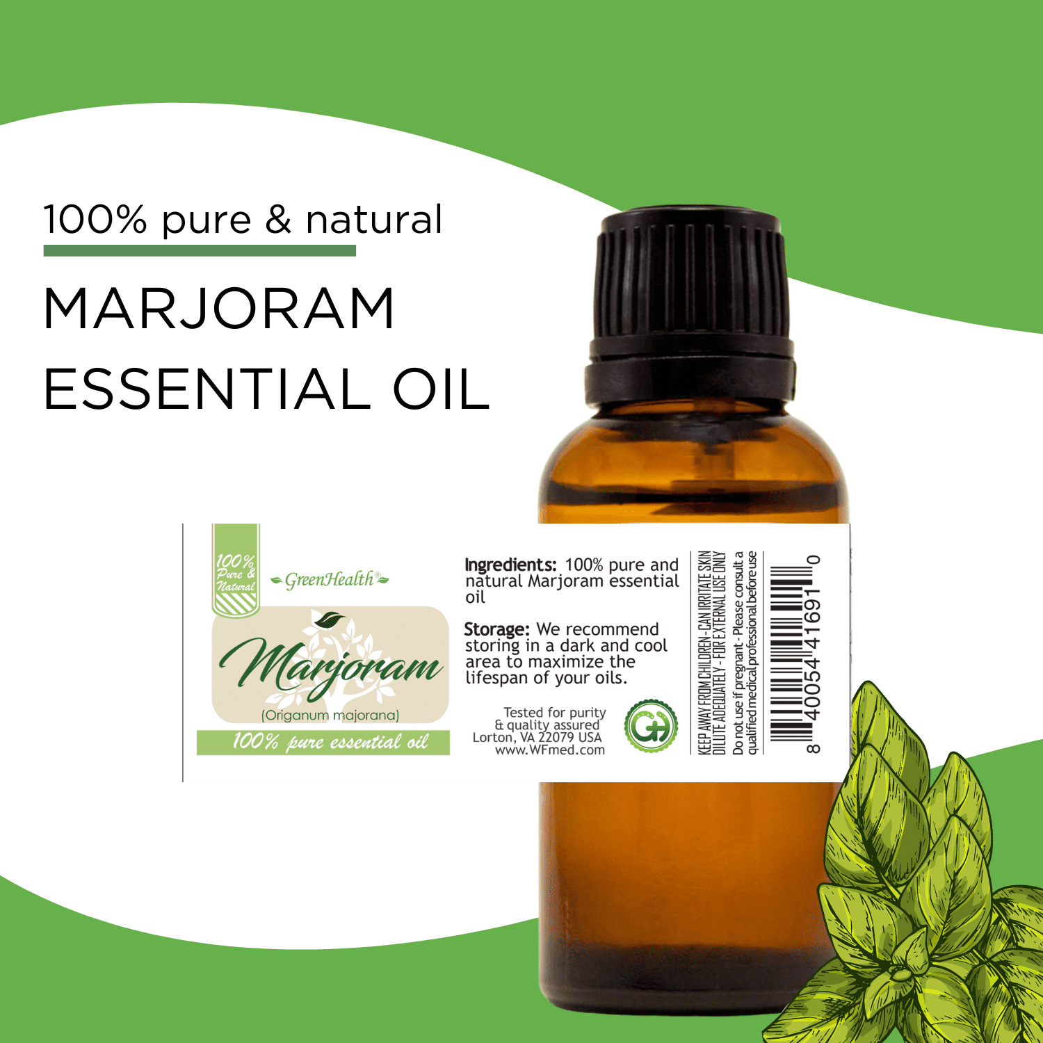 GreenHealth Marjoram Essential Oil 4 Fl Oz (118 ml) Glass Bottle with Glass Dropper