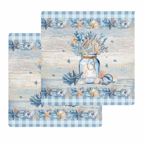 Blue Coastal Kitchen Dish Towels for Drying Dishes Set of 2, Summer Beach Coral Starfish Shell Vintage Waffle Weave Microfiber Hand Tea Bathroom Towels Quick Dry & Absorbent Towel 12x12