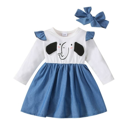 

dmqupv Toddler Ballet Dress Toddler Girls Long Sleeve Cartoon Elephant Prints Princess Dress Toddler Ballet Dress White 6-9 Months