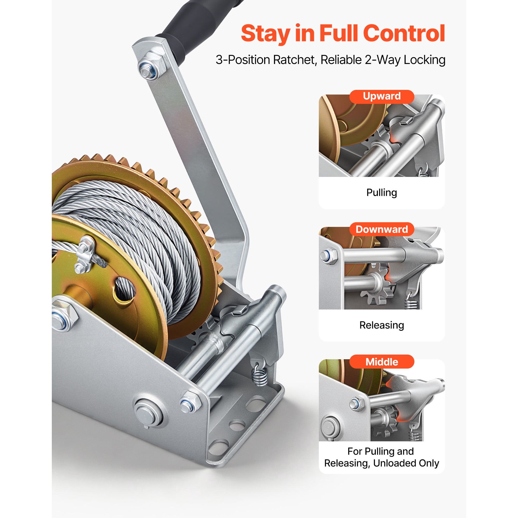 KFFKFF 1600 lbs Hand Winch, Durable Manual Crank with 32.8ft Steel Cable, Two-Way Ratchet, Non-Slip Handle, Easy-to-Install Gear for Boat Trailer and ATV Towing