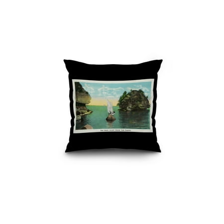 - Lake Superior, Wisconsin - Apostle Islands, Gem Island Scene (16x16 Spun Polyester Pillow, Black Border)