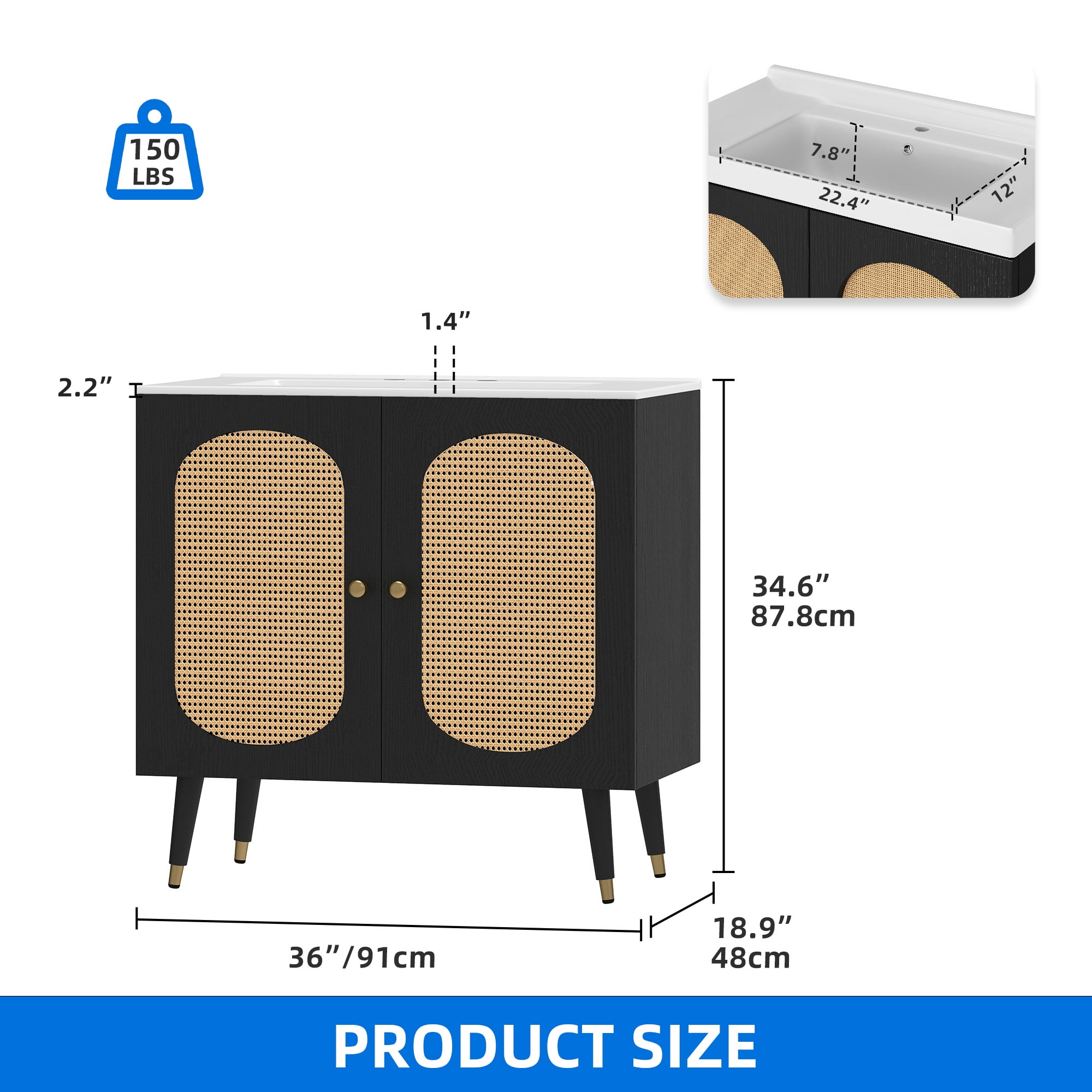 Uforic 36 Inch Mid-Century Rattan Bathroom Vanity, Freestanding Wooden Vanity Cabinet with Ceramic Sink for Home Bathroom, Black