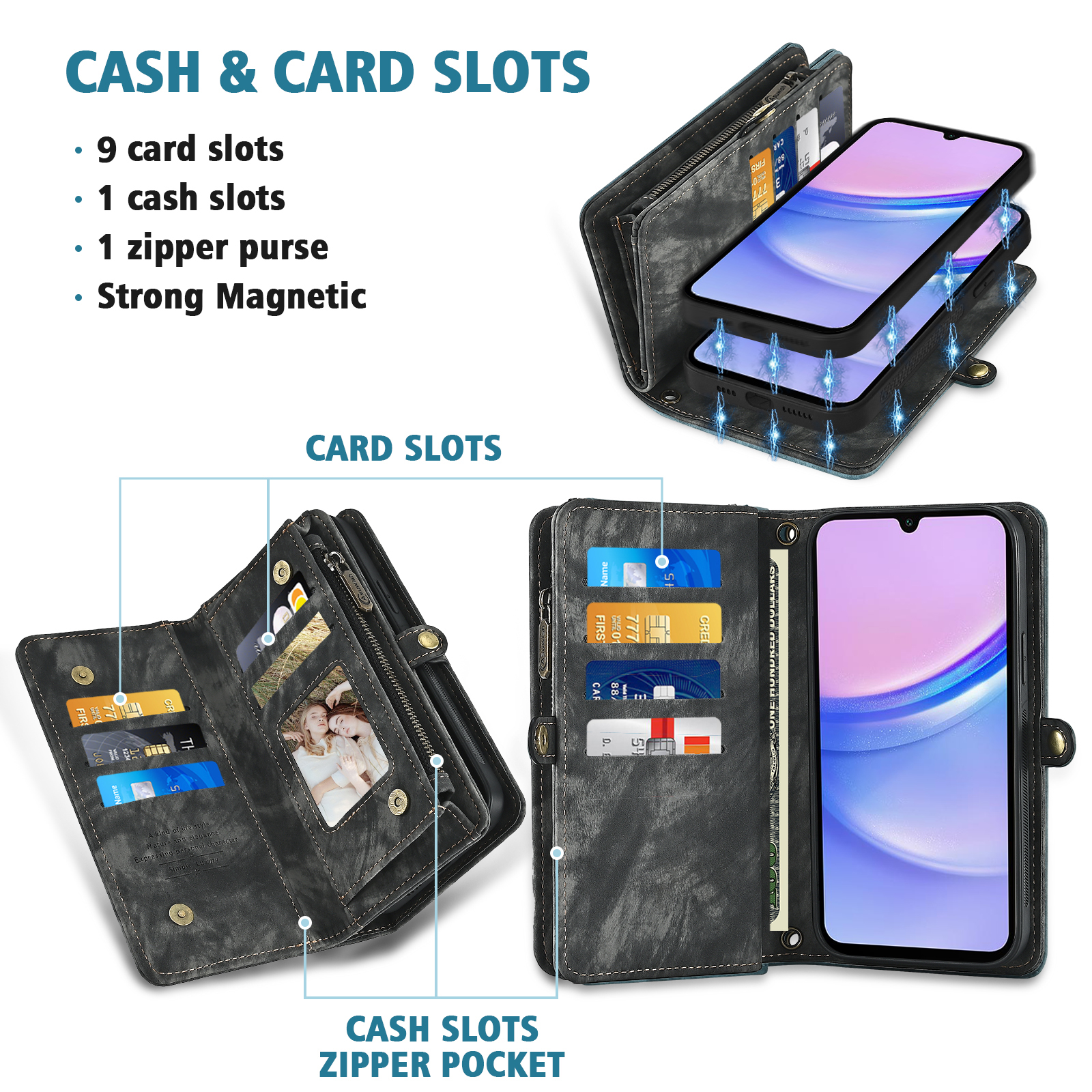 Asuwish Compatible with Samsung Galaxy A15 5G/4G Phone Case Zipper Wallet Detachable Tempered Glass Screen Protector Crossbody Lanyard Strap Flip Card Holder Cell Cover for A 15 G5 15A Women Black